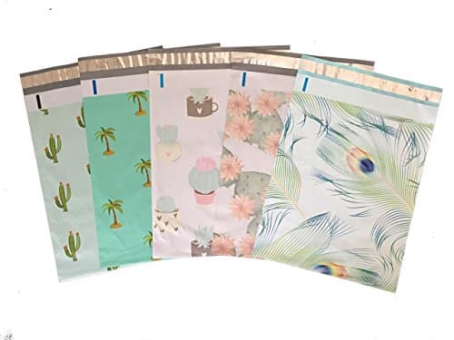 Designer Poly Mailers, Variety Pack, 10x13: Mint Cactus, Succulents, Palm Tree, Flowering Cactus, Peacock, Self Seal Adhesive, Tear-Proof, Envelope, Bag (30 Pcs Total)
