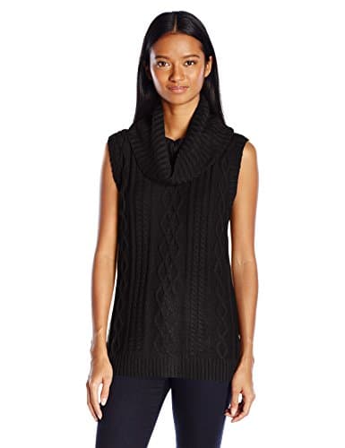 PINK ROSE Women's Lanie Sleeveless Pullover Cable Tunic Sweater, Black, Medium