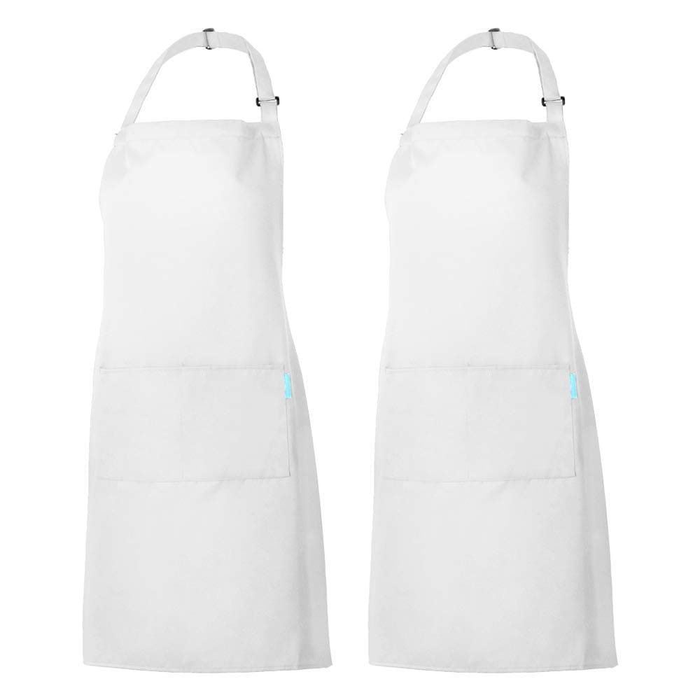 esonmus Unisex-Adults Polyester Kitchen BBQ Restaurant Apron with Adjustable Neck Belt and Pockets for Cooking Baking and Gardening 2 Pieces White