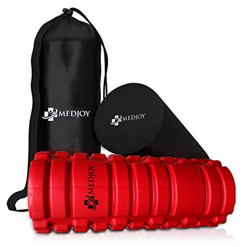 Med Joy-Foam Roller 2 in 1 Muscle Massager. 13 inch Textured Grid + Smooth Muscle Roller for Legs, Back and Foot Pain and Therapy. Portable with Travel Bag + Bonus 32 Page Training Guide. Red