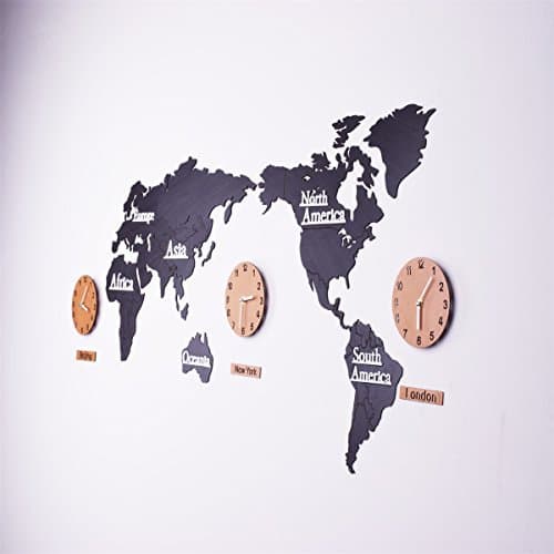 Sticker Indoor Modern Creative Large 3D DIY Home World Map Silent Non-ticking Wall Clock, 3 Cities World Time Hanging Clock (Black)