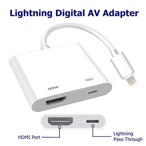 Lighting to HDMI, Lightning Digital AV Adapter, Compatible iPhone, iPad, and iPod Touch Models, with Lightning Charging Port for HD TV Monitor Projector 1080P (White)