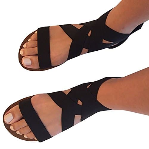 Feshare Womens Summer Flat Sandals Elastic Ankle Strap Open-Toe Gladiator Black Blue