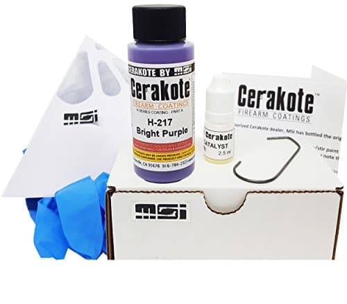 Bright Purple H-217 Oven Cure, MSI Ceramic Firearm Paint Bundle, includes 7 items: 45ml Ceramic Paint, Catalyst, Strainer, Gloves, Hanging hook, instructions and link to MSI instructional video.