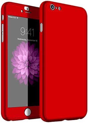 iPhone 6 Plus Case AEZSY 360 Full Body Protection PC Hard Slim Case [ with Tempered Glass Screen Protector ] for Apple iPhone 6 Plus &amp; iPhone6S Plus ( 5.5 inch ) Red