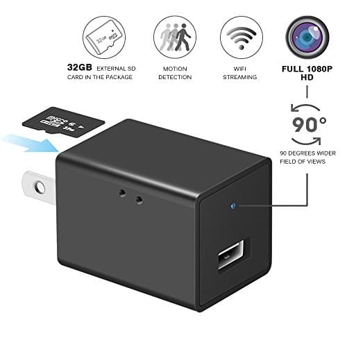 Spy Camera Charger Adapter, Wifi HD 1080P Mini USB Wall Charger Hidden Camera/Nanny Spy Camera Wireless Adapter with 32GB External SD Card for IOS iPhone Android Mobile APP Remote View