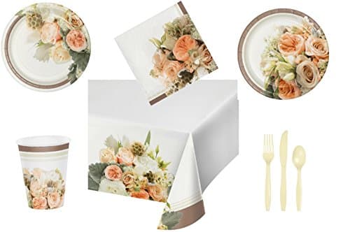 Rose Gold Bouquet Bridal Shower/Wedding Tableware Bundle, Includes 8 Banquet Plates, 8 Luncheon Plates, 16 Napkins, 8 Hot/Cold Cups, 1 table cover, and 8 forks, knives, and spoons