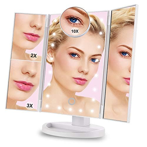 LED Makeup Mirror, Cosmetic Mirror with Tri-Fold 1X 2X 3X 10X Magnification, Makeup Vanity Mirror with 22 LED Lights, 180° Adjustable Rotation, Dual Power Supply, Touch Screen (White)