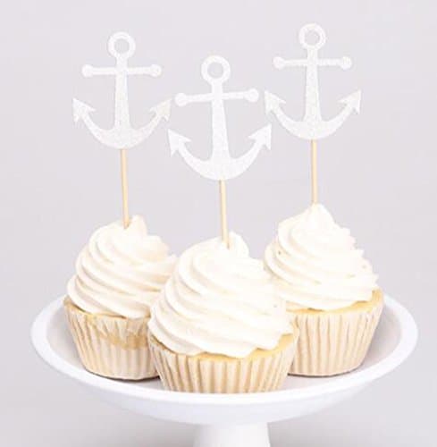 10 Pack Silver Glitter Anchor Cupcake Toppers with Blue Bow Anchor Cake Toppers for Birthday Party Baby Shower Decoration