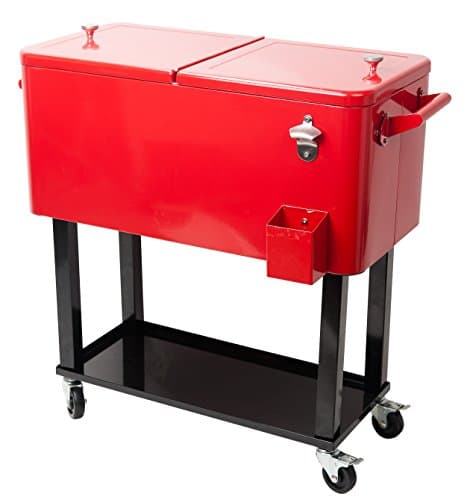 HIO 80 Qt Outdoor Patio Cooler Table On Wheels, Rolling Cooler With Shelf, Red