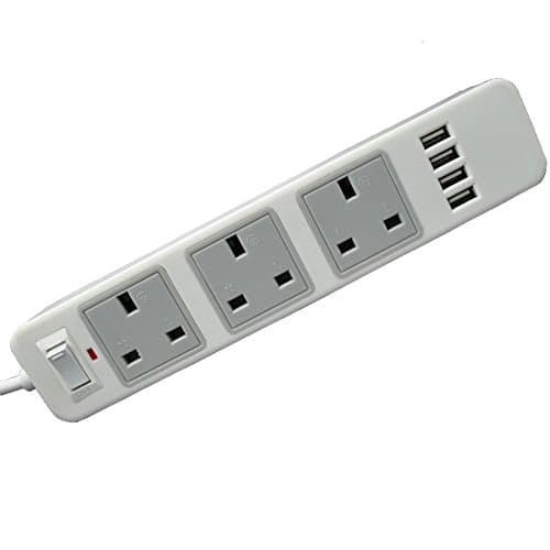 JnDee™ UK 3 Way 2M (6.6ft) Extension Lead Cable plus 4 USB Ports Power Strip - Surge Protector with Overload Protection Switch