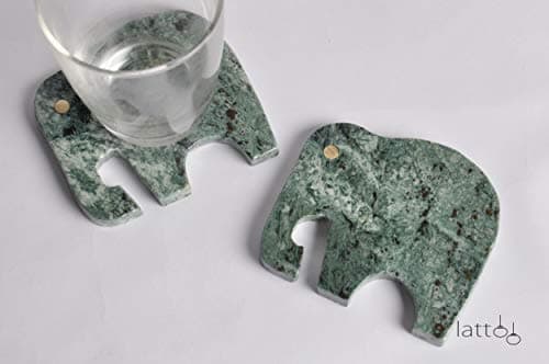 Lattoo Handmade Green Marble and Brass Elephant Shape Tea Coaster for Home and Office | Coasters for Dining Table | Handmade Coaster Set for Hot & Cold Drinks, Coffee & Cocktails- Set of 2