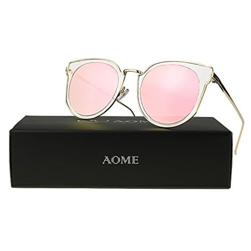 AOME Cat Eye Sunglasses Transparent Frame Reflective Mirror Lenses Round Sunglasses (Gold&amp;Pink, 2.0)