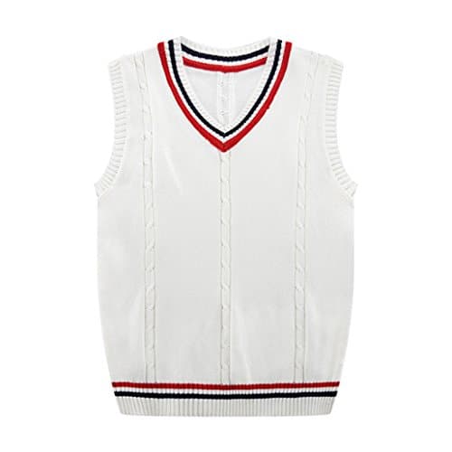 JoJo Home Men's Solid Color Cable Sweater Vest Casual Knitted Sweater Slim Fit Pullover (Large, White)