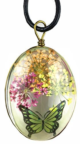 Natural Multicolor Oval Shape Dried Pressed Flower Transparent Resin Crystal Pendant Necklace (Orange Flower)