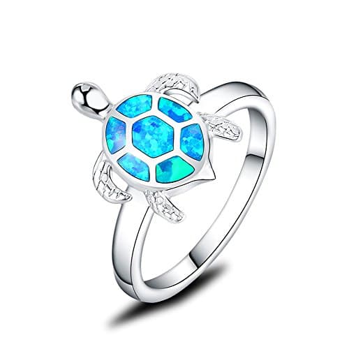 Sterling Silver 925 Sea Turtle Ring Honu with Created Blue Opal Shell Halo Solitaire Best Gifts