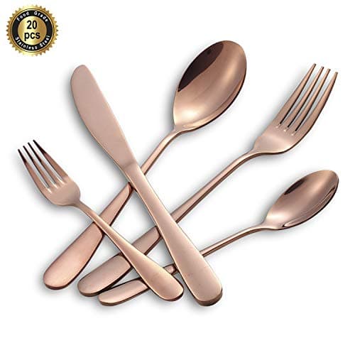 Hoften 20 Piece Rose Gold Silverware Set, Colorfully Plated Stainless Steel Utensils Include Forks, Spoon, Knife Flatware, Cutlery Set Service for 4, Dishwasher Safe (HD822-RG)