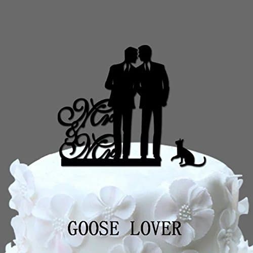 GOOSE LOVER(TM) Gay Wedding Cake Topper With Cat, Same Sex Wedding Cake Topper Silhouette, Mr And Mr Wedding Cake Topper For Men Gift, Groom Gift