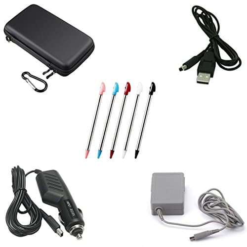 Akiimy 5 in 1 Replacement Ac Adapter for 3DS 3DS XL+5-Pack Retractable Stylus pen For 3DS XL+Travel protective bag case for 3DS XL+ Car charger for 3ds 3ds xl +Usb Charger cable for 3DS 3DS XL