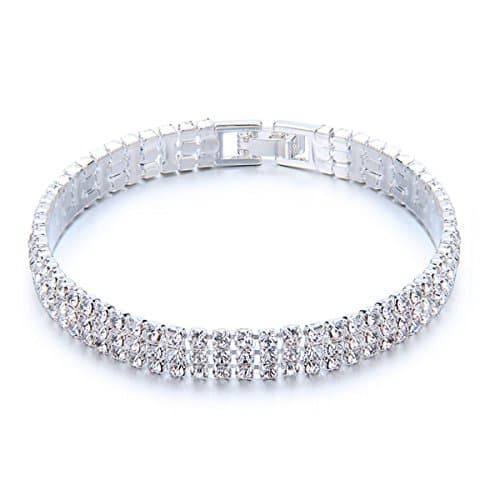 YUXI Rhinestone Stretch Bracelet Silver Tone Bangle Austrian Crystal Bracelets for Wedding, Prom, Party or Pageant Jewelry (3 Rows)