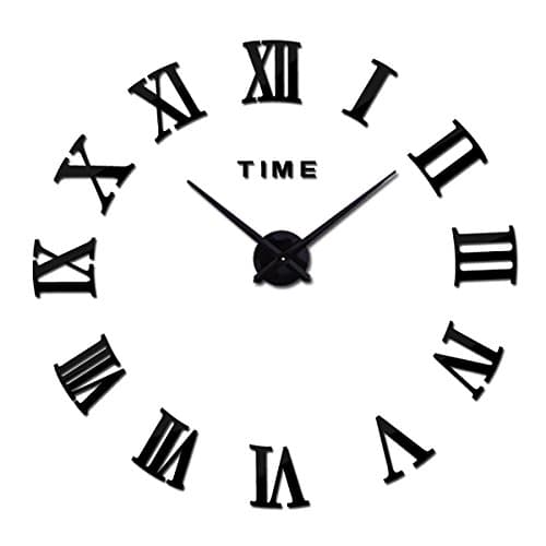 Modern Roman Large Wall Clock DIY Frameless Time Letters 3D Removable Mirror Surface Wall Clock for Home, Office, Bedroom, Living Room Decor (Black)