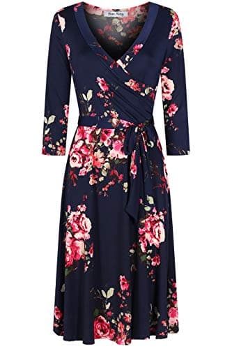 BodiLove Women's Silky Polyester Stretchy Fabric 3/4 Sleeve V-Neck Printed Knee Length Faux Wrap Dress