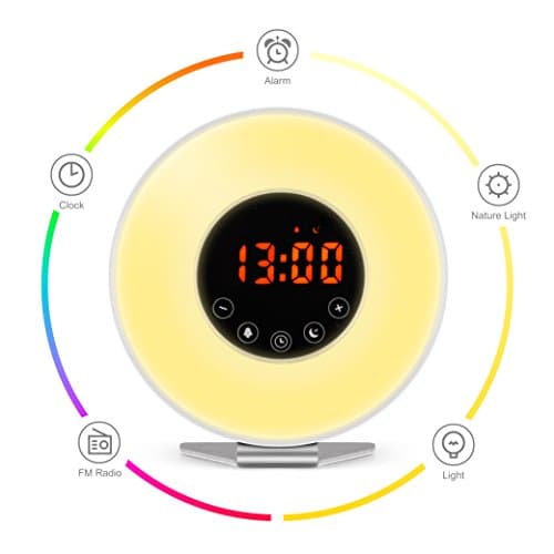 Sunrise Alarm Clock - Digital LED Clock with 7 Color Light and FM Radio for Bedrooms – Multiple Nature Sounds Sunset Simulation & Touch Control – with Snooze Function for Heavy Sleepers (White)