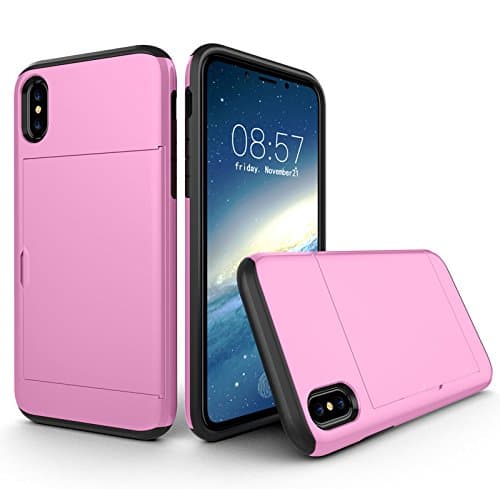 IPhone X slim Dual Layer card slot holder case + Ultra &amp; crystal clear, Shatter proof, Scratch free Tempered glass (Pink)