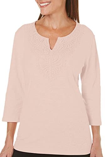 Coral Bay Petite Crochet Neckline Solid Top Small Petite Seashell Pink