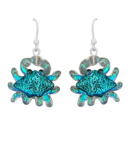 Sterling Silver Dichroic Glass Blue Crab Lampwork Earrings