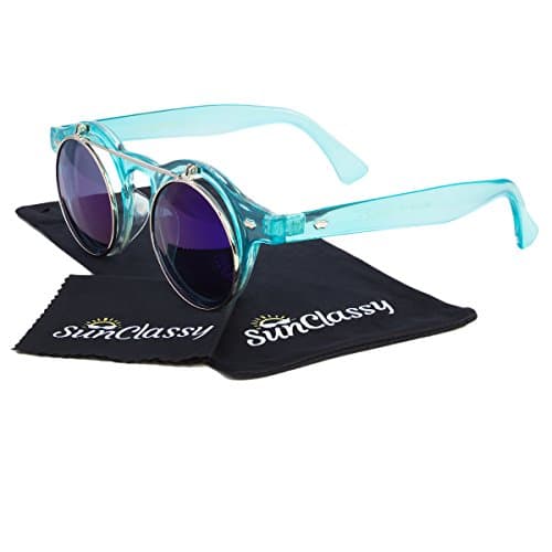 Sunclassy Plastic Round Frame Flip Up Oval 48mm Hipster Round Mirror Color Lens Sunglasses Vintage Retro Steampunk Gothic Hippie Circle Retro Django Levante Gafas De Sol Block UVA UVB UVC (Light Blue)