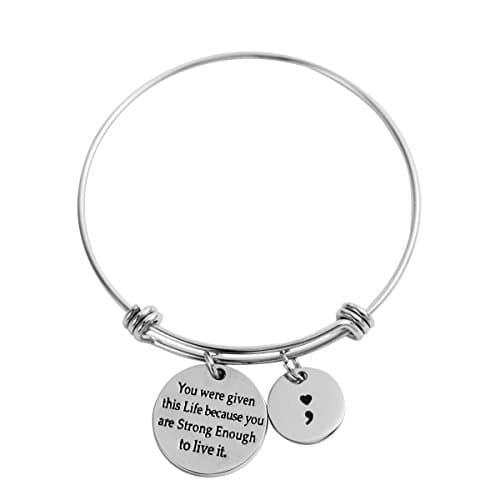 Semicolon Bangle Brave Survivor Expandable Wire Bangle Inspirational Meaningful Charm Bracelet Jewelry Gift for Women Girls or Kids.