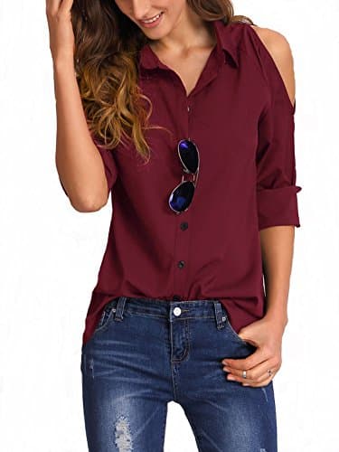 Women's V Cut Open Shoulder Blouse Solid Black/Olive Green/Wine Shirt