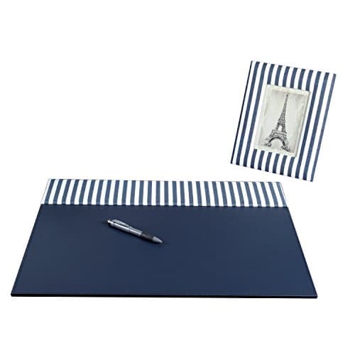 On My Desk Stripes 17" x 22" Desk Pad Set with Padded Cotton Header and Matching 4" x 6" Picture Padded Picture Frame, Blue and White (OMD12026K)