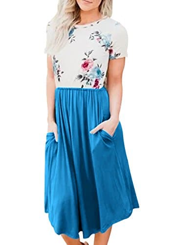 LAINAB Womens Short Sleeve Pocket Floral Print Patchwork Casual Swing Midi Dress