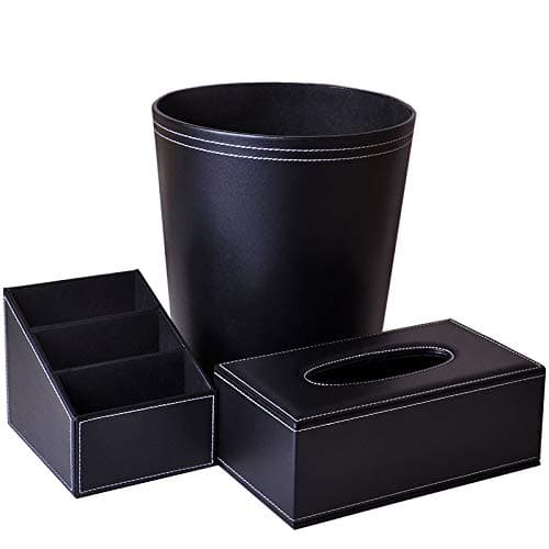 LIZHAIMING No Cover Trash Can PU Round Storage Bin Desktop Trash Can Tissue Box Storage Box Home Office 3 Colors,Mattblack