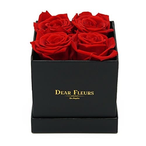 Dear Fleurs Handmade Preserved Flower Small Square Roses Box, Fresh Rose, Eternity Rose, Gift for Valentine's Day, Anniversary, Birthday (Red, Black Box)
