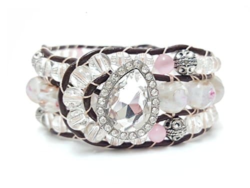 Brown Leather Wrapped Flower Bead Cuff Bracelet