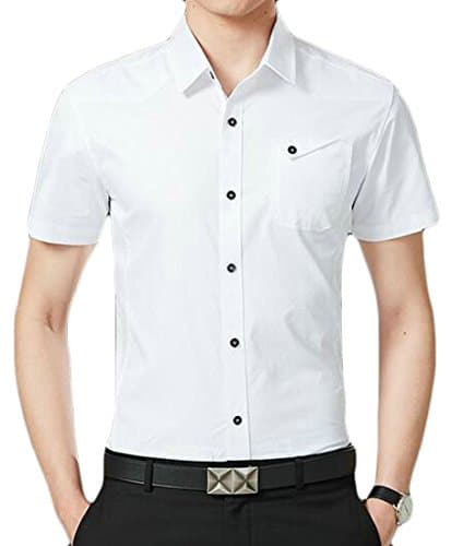 Lutratocro Mens Solid Short Sleeve Workwear Button Front Casual Slim Fit Dress Shirt White Large