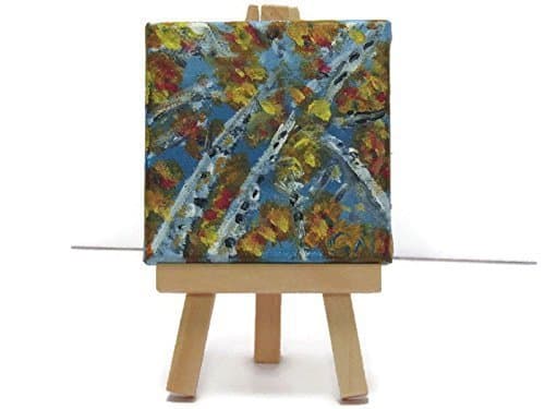 'Birch Tree Autumn Abstract' is an original painting done in acrylics on a miniature canvas with wooden display easel.