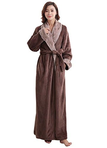 WSSM Robe Velour Chevron Texture Plush Soft Warm Fleece Long Bathrobe Robe for Women M-coffee
