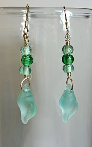 Beach Glass Conch Shell &amp; Silver Earrings