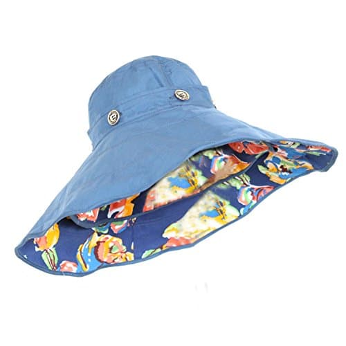 WindFeel Women Large Wide Brim Beach Hat with Sun Visor Shade UPF 50+ Hat Cap with Multicolor Flowers Pattern,Color Navy Blue
