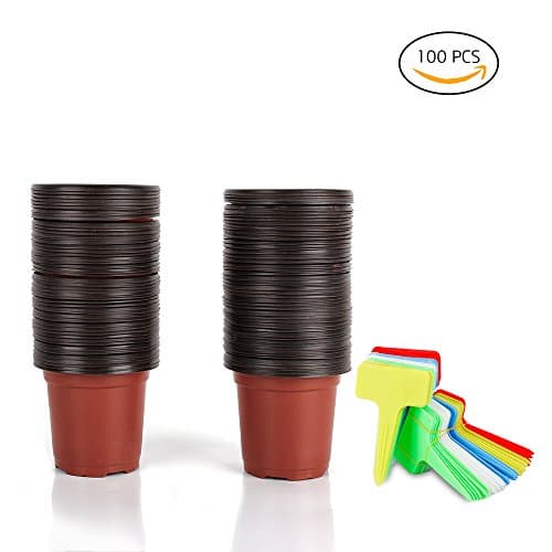 100-Pack 4" Plastic Seedlings Flower Plants Nursery Pots with 100PCS 5 Colors Waterproof Plastic Nursery Garden