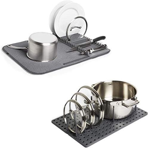Umbra UDRY Drying Rack and Microfiber Dish Mat in Charcoal | Peggy Kitchen Cupboard, Shelf and Drawer Organizer Tray - Adjustable Storage System For Food Containers, Cookware, Utensils and More