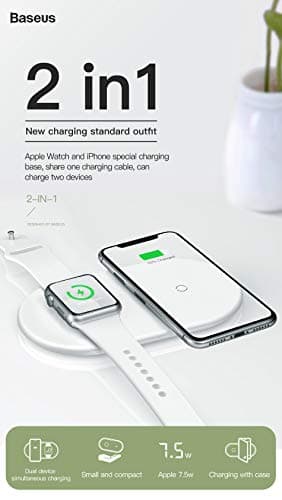 CABLESETC Baseus Smart 2 in 1 Wireless Charger Airpower Pad Compatible for Apple Watch 1 2 3 4 & Qi Enabled iPhone Xs Max XR X 8 Plus Galaxy S10 S9 S8 Plus Note 8 9 Pixel 3 XL