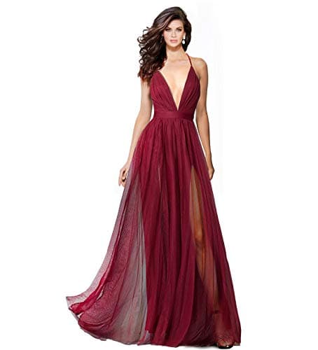 Alluring deep v-Neckline Spaghetti Straps Criss-Cross Open Back Tulle Dual Front Slits Evening Prom Formal Dress