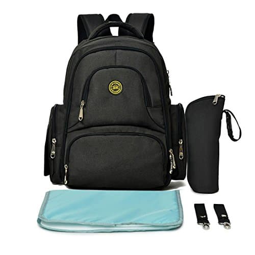 Lightweight 16 Pockets Water-resistant Backpack Diaper Bag with Insulated Bottle Pockets and Changing Mat Black