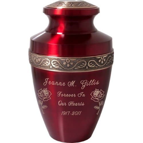 Custom Engravable Scarlet Brass Cremation Urn (11", Engraved with Roses)
