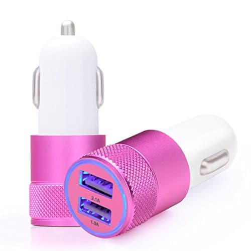 Universal Metal 12 Volt / 1 ~ 2 Amp Dual USB Port Car Charger for iPhone Samsung Smartphone(Hot Pink)